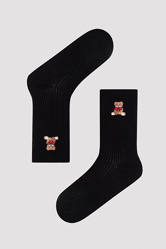 Warm Teddy Bear Siyah Soket Çorap - 1