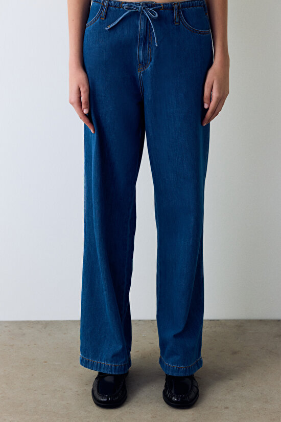 Koyu Denim Relax Yüksek Bel Bağlama Detaylı Pantolon - 1