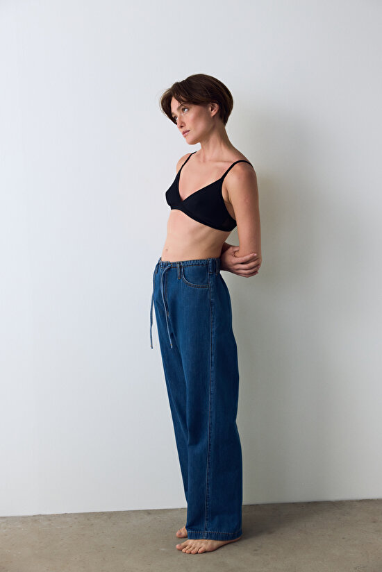 Dark Denim Relax High Waist Tie Detail Trousers Dark Denim Relax High Waist Tie Detail Trousers - 4