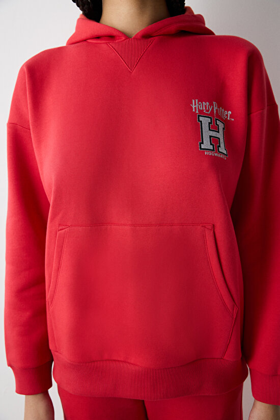 Kırmızı Harry Potter Baskılı Şardonlu Kapüşonlu Sweatshirt - 3