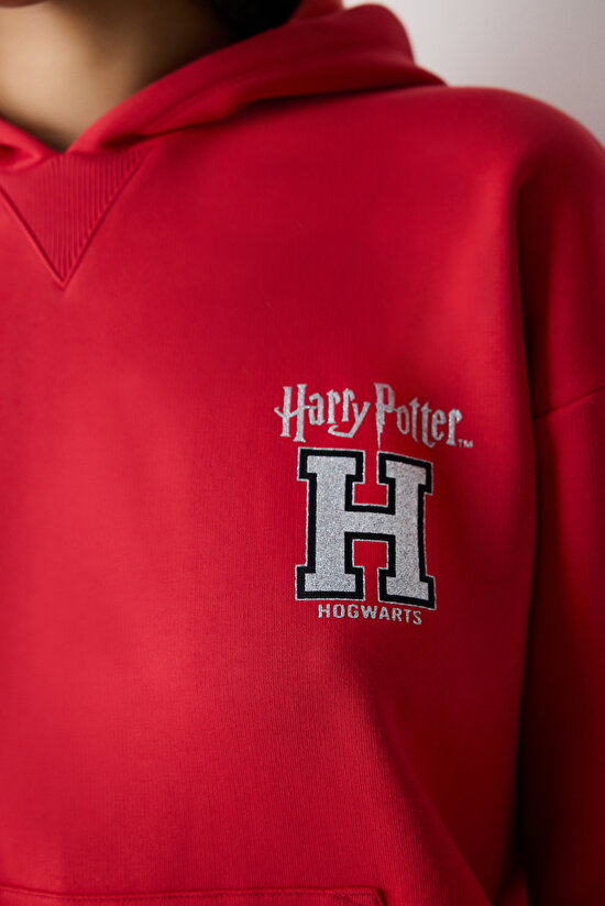 Kırmızı Harry Potter Baskılı Şardonlu Kapüşonlu Sweatshirt - 4