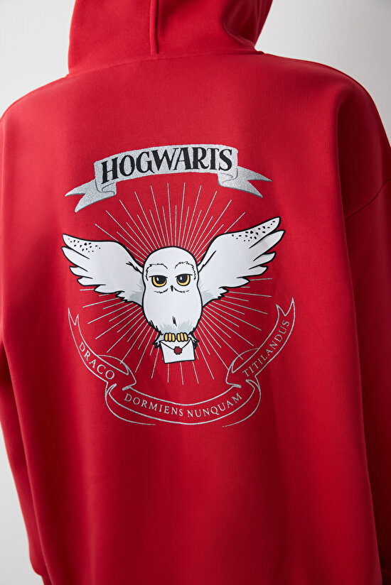 Kırmızı Harry Potter Baskılı Şardonlu Kapüşonlu Sweatshirt - 6