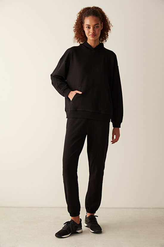 Siyah Kapüşonlu Cep Detaylı Oversize Sweatshirt - 2