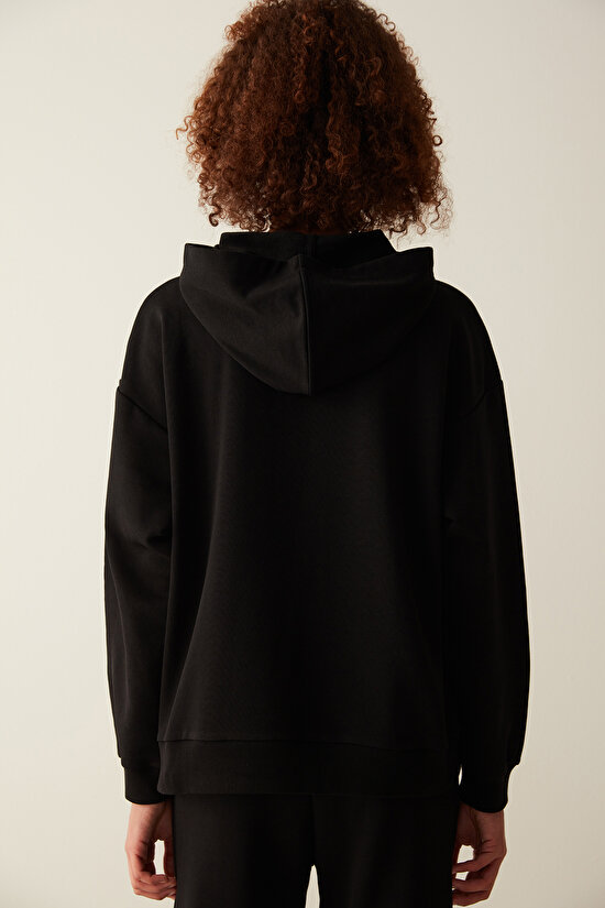 Siyah Kapüşonlu Cep Detaylı Oversize Sweatshirt - 6