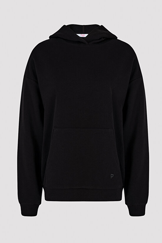 Siyah Kapüşonlu Cep Detaylı Oversize Sweatshirt - 7