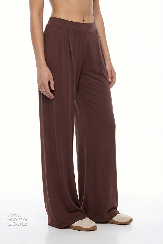 Brown Pleated High-Waisted Wide Leg Pants - 2