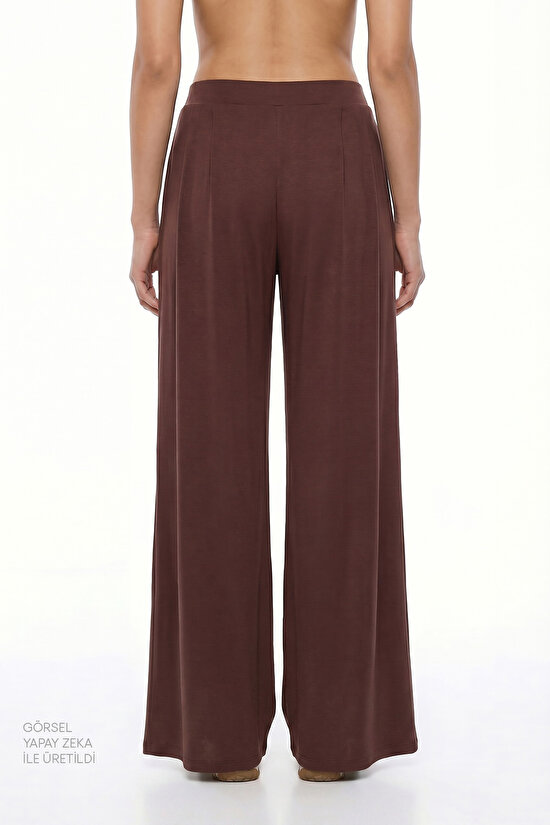 Brown Pleated High-Waisted Wide Leg Pants - 3
