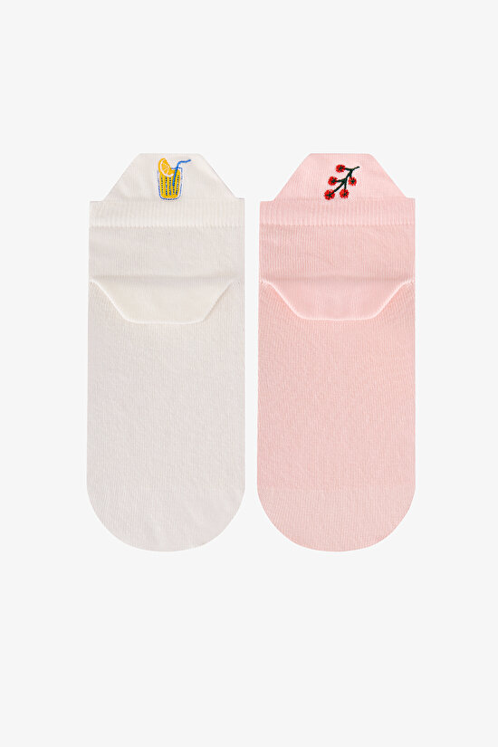 2 Çift Pamuklu Nakışlı Çekçekli Patik Çorap - 1