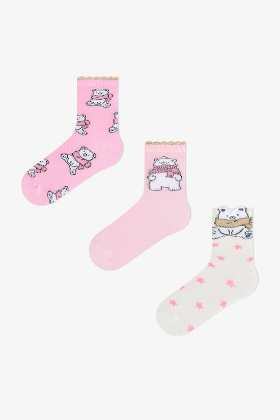 Kız Çocuk Pembe Snowy Bears Ayı Desenli Pamuklu 3 Çift Soket Çorap - 1