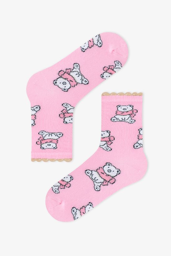 Kız Çocuk Pembe Snowy Bears Ayı Desenli Pamuklu 3 Çift Soket Çorap - 3