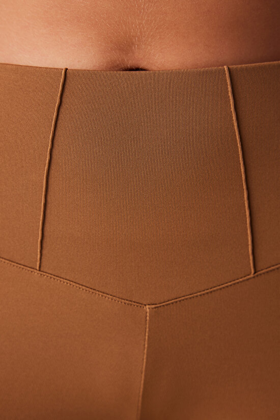 Açık Kahverengi Yüksek Bel Korse Görünümlü Bilek Boy Tayt - 5