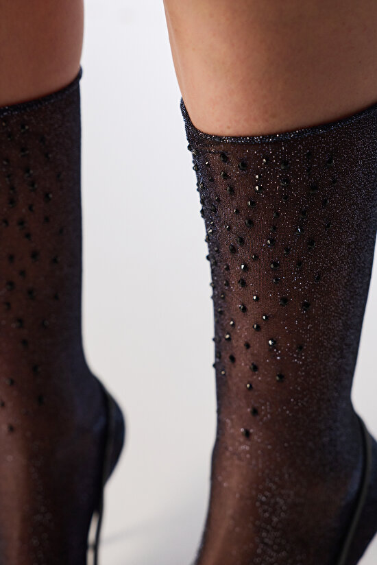 Black Shiny Stone Print Ankle Socks - 3