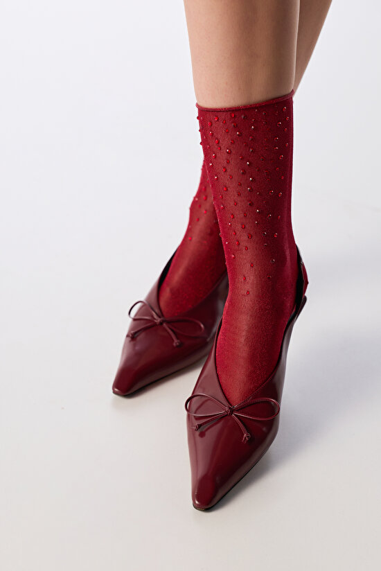 Burgundy Shiny Stone Print Ankle Socks - 2