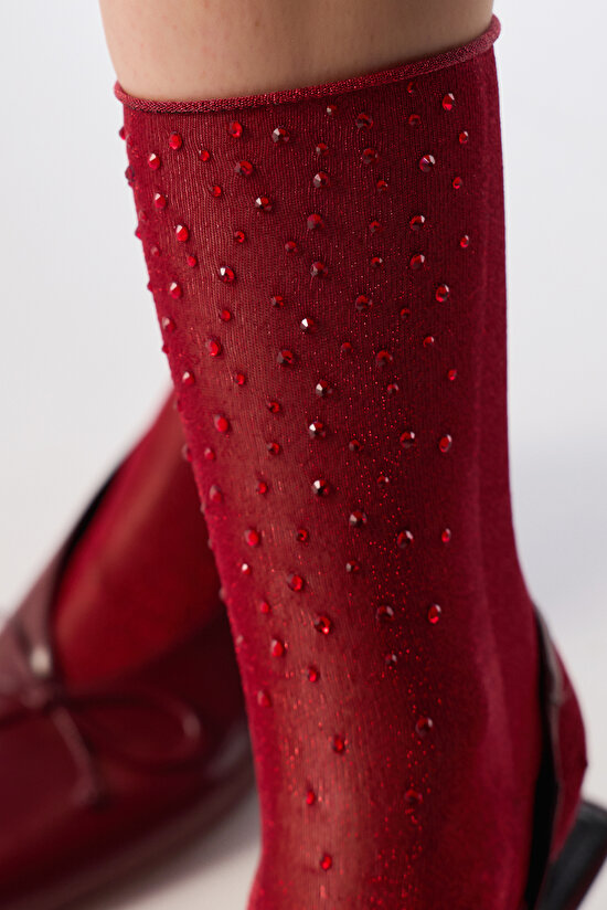 Burgundy Shiny Stone Print Ankle Socks - 3