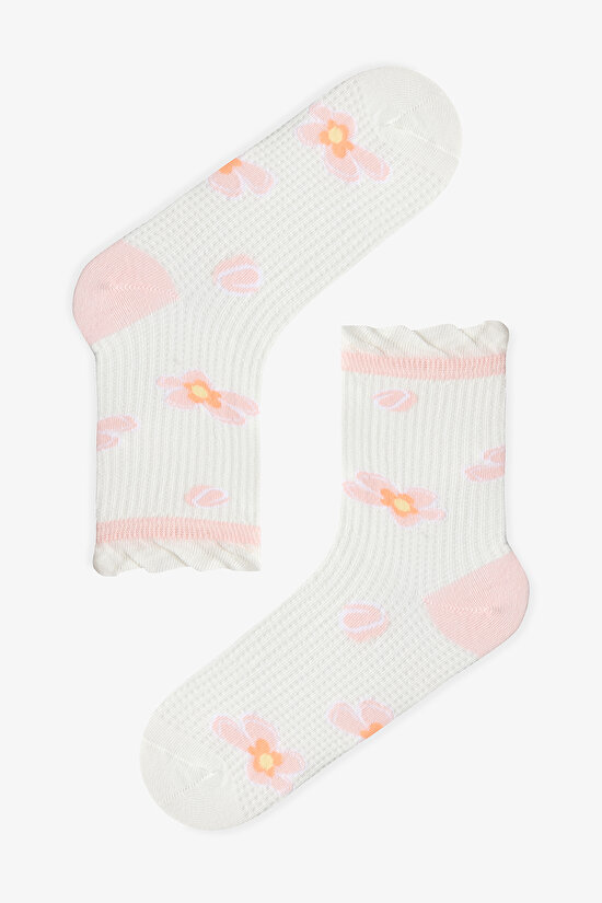 Pembe - Sarı Ruffle Floral 3'lü Soket Çorap - 4