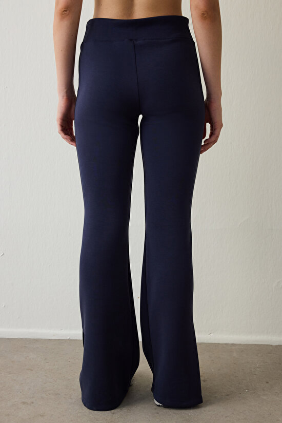 Navy Blue High Waisted Slit Bell-bottomed Leggings - 3