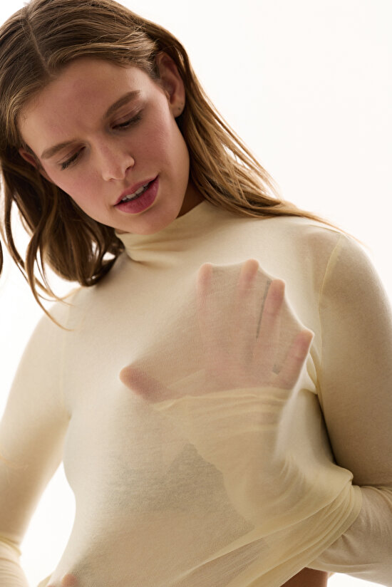 Ecru Mock Neck Cashmere Top - 3