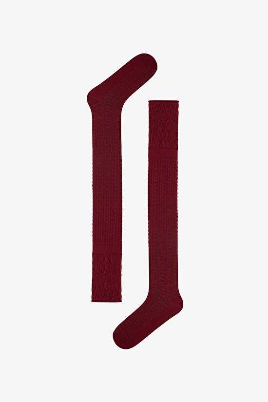 Bordo Örgü Colosio Dizüstü Ajur Desenli Pamuklu Çorap - 1