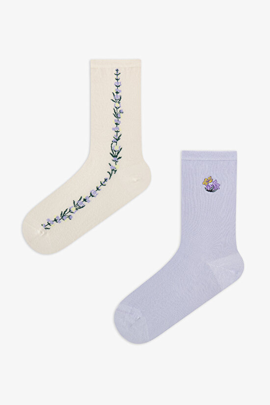 2 Çift Burun Dikişsiz Pamuklu Renkli Çiçek Desenli Soket Çorap - 1