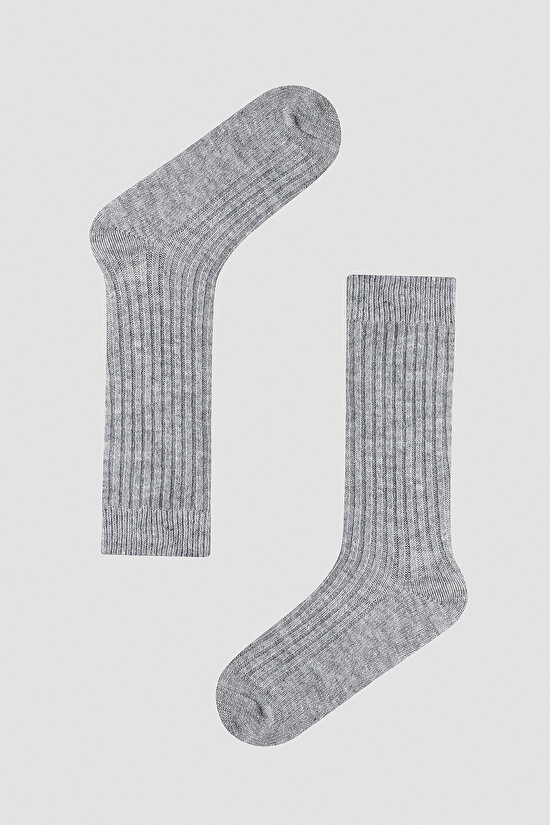 Gri Dikey Çizgili Gri Soket Çorap - 1