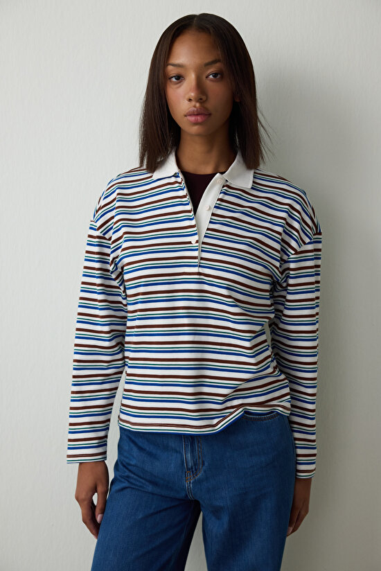 Striped Oversize Polo Neck Long Sleeve Top - 3