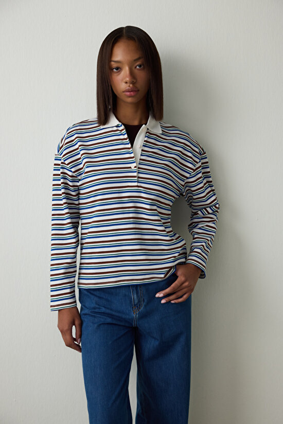 Striped Oversize Polo Neck Long Sleeve Top - 4