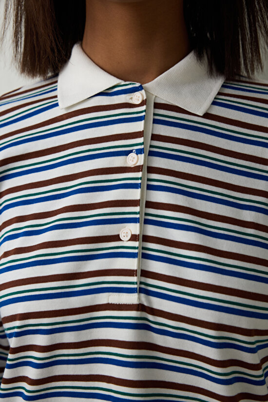 Striped Oversize Polo Neck Long Sleeve Top - 5