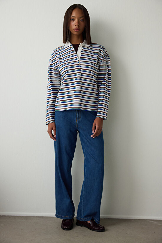 Striped Oversize Polo Neck Long Sleeve Top - 6