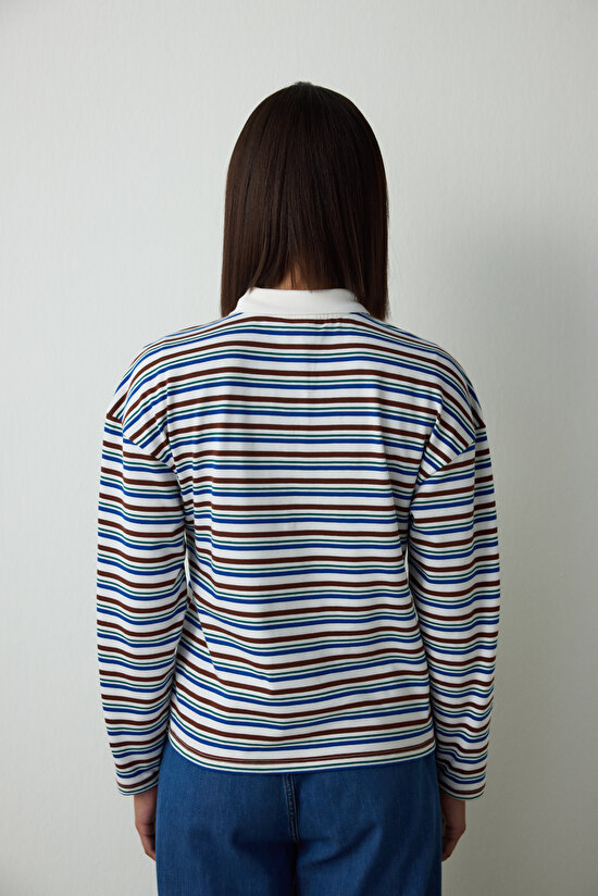Striped Oversize Polo Neck Long Sleeve Top - 7