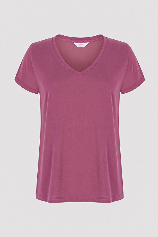 Modal V Neck Violet T-Shirt - 5