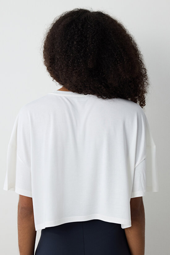 Modal Crop Kırık Beyaz Tişört - 5