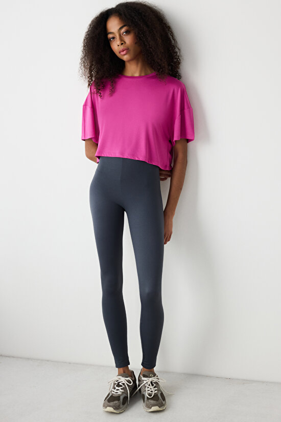 Modal Crop Fuşya Tişört - 3