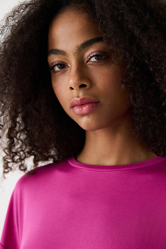 Modal Crop Fuşya Tişört - 4