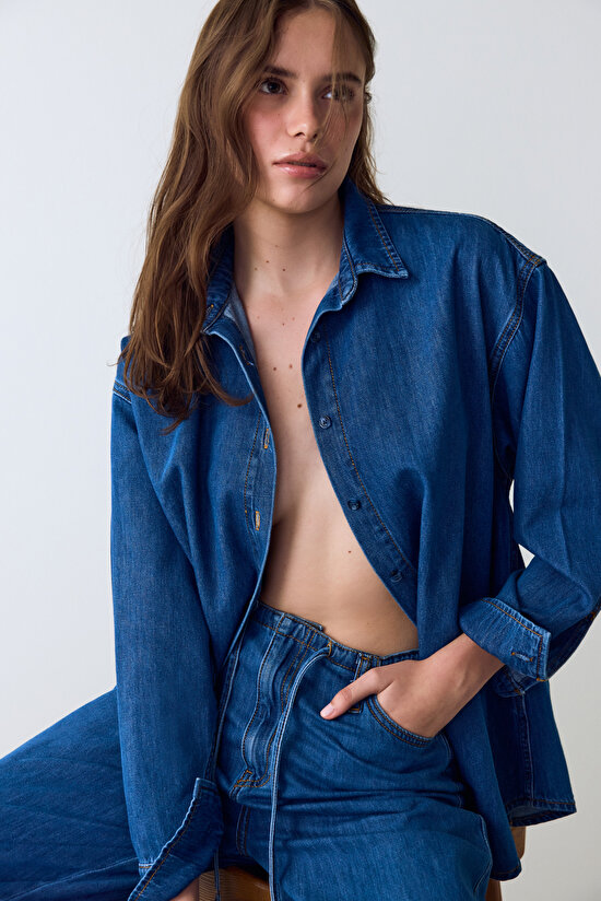 Koyu Denim Relax Oversize Uzun Kollu Gömlek - 1