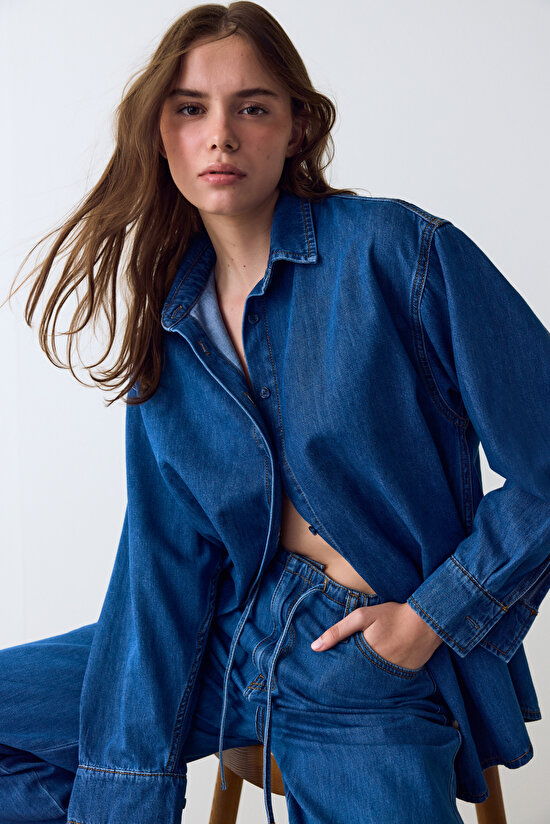 Dark Denim Relax Oversize Long Sleeve Shirt - 4