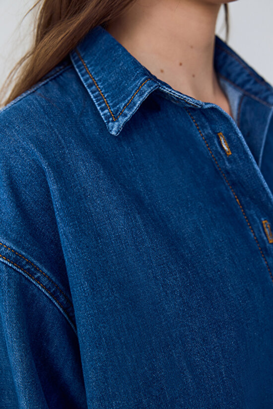 Dark Denim Relax Oversize Long Sleeve Shirt - 6