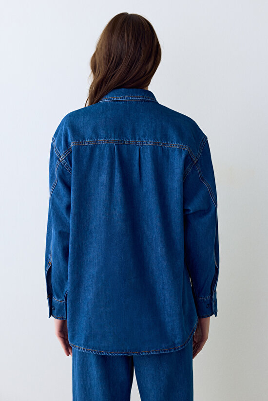Dark Denim Relax Oversize Long Sleeve Shirt - 8