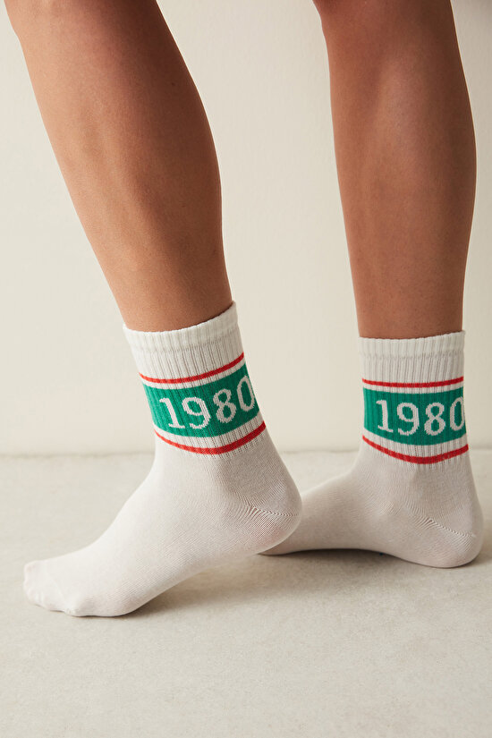 Retro 1980 Beyaz-Yeşil 2li Soket Çorap - 1