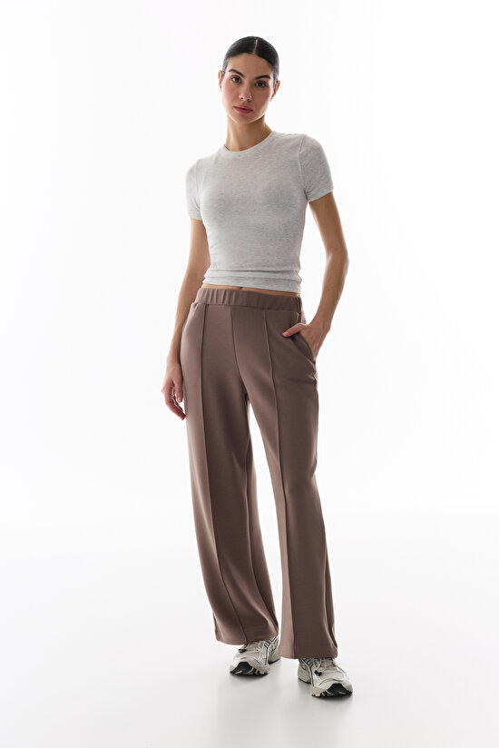 Gri Nervürlü Yüksek Bel Geniş Paça Pantolon - 4