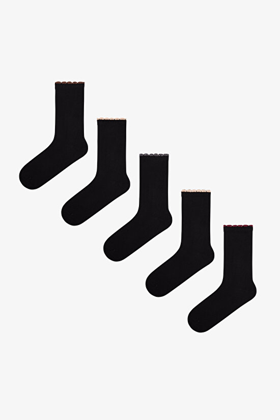Black Glitter Fırfırlı Cotton 5 Pack Ankle Socks - 1