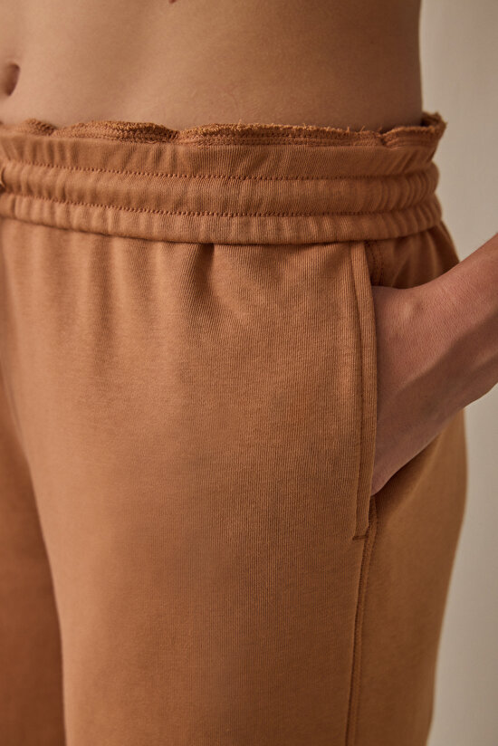 Light Brown Foldable Oversize Mid Waist Tie Detailed Sweatpants - 4