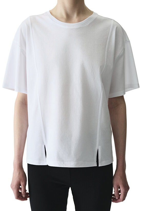 Beyaz Dikiş Detaylı Bisiklet Yaka Pamuklu  Tişört - 3