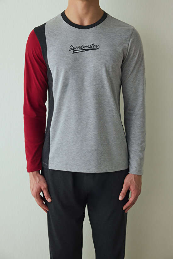 Erkek Speedmaster Slogan Baskılı Bisiklet Yaka Pamuklu Uzun Kollu Pijama Takımı - 3