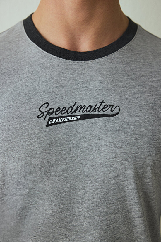 Erkek Speedmaster Slogan Baskılı Bisiklet Yaka Pamuklu Uzun Kollu Pijama Takımı - 4