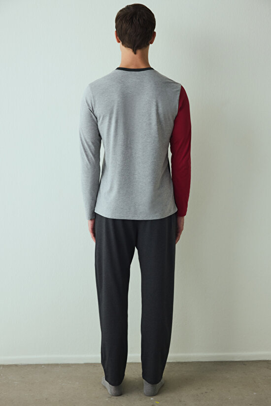 Erkek Speedmaster Slogan Baskılı Bisiklet Yaka Pamuklu Uzun Kollu Pijama Takımı - 6