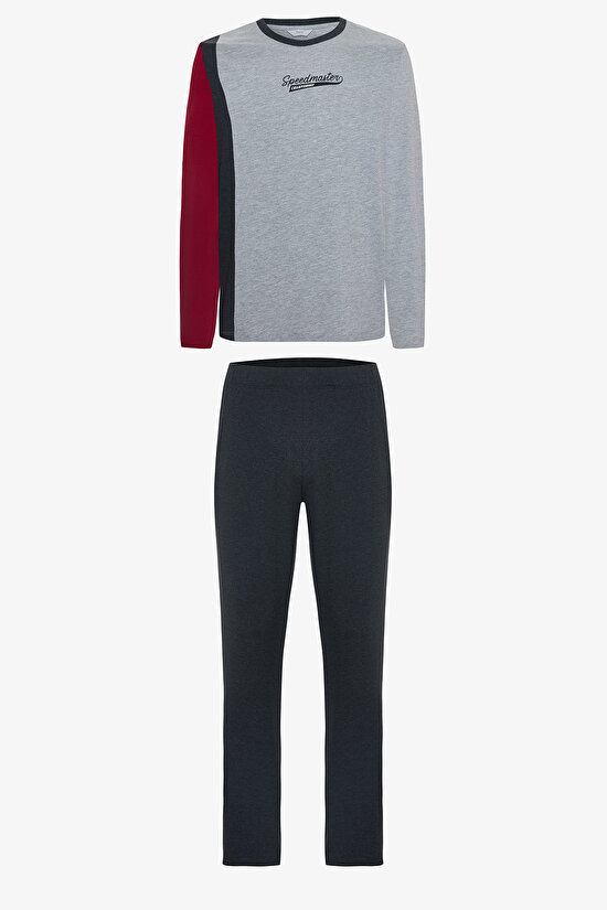 Erkek Speedmaster Slogan Baskılı Bisiklet Yaka Pamuklu Uzun Kollu Pijama Takımı - 7