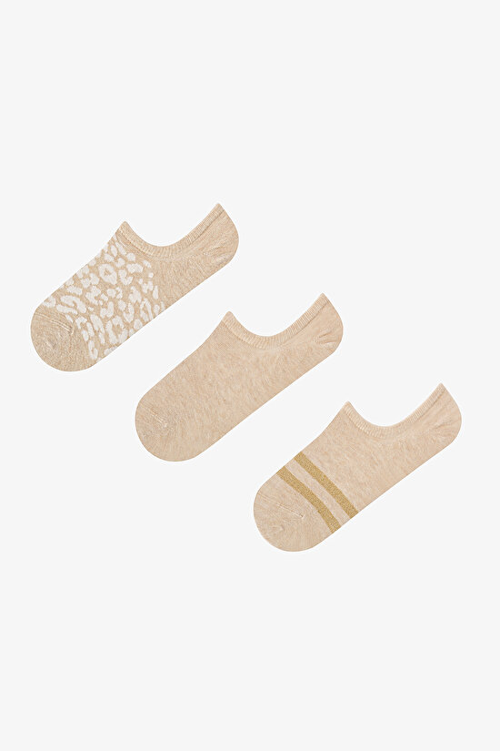 3 Çift Burun Dikişsiz Pamuklu Renkli Leopar Desenli Sneaker Çorap - 1