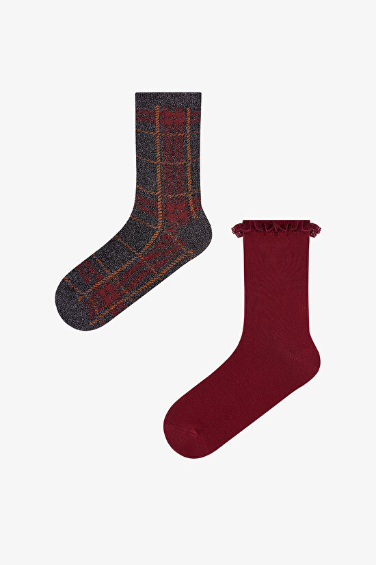 Burgundy Black Vintage Lace Striped Cotton 2 Pack Ankle Socks - 1