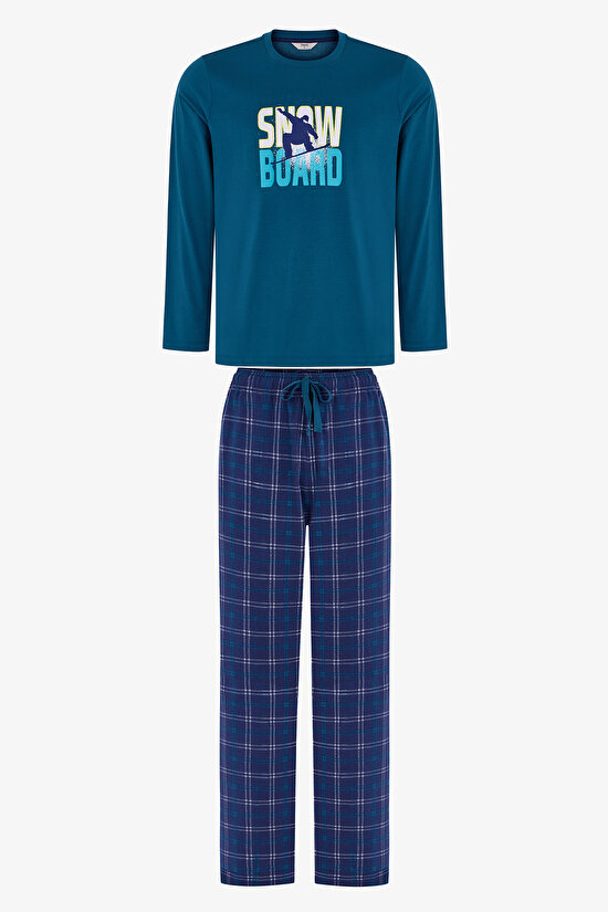 Erkek Winter Board Geometrik Desenli Pantolon Uzun Kollu Pijama Takımı - 1