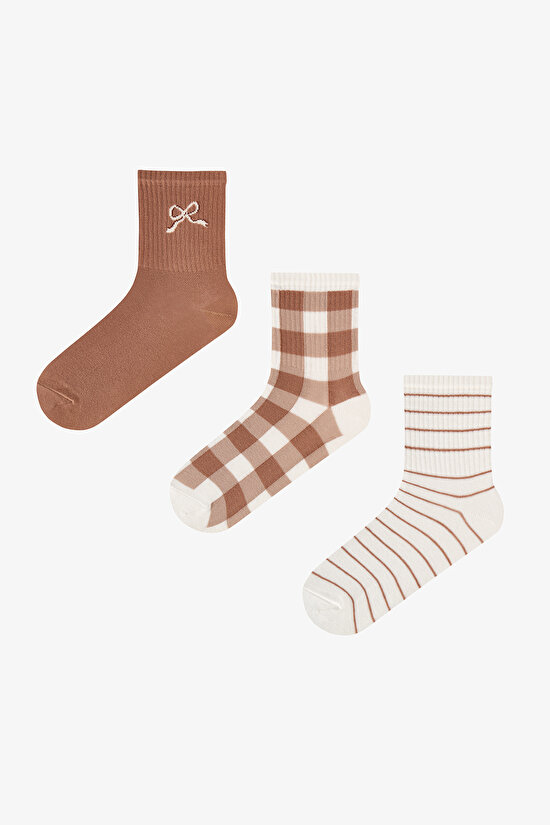Brown Beige Browny Bowtie Bow Print Cotton 3 Pack Ankle Socks - 1
